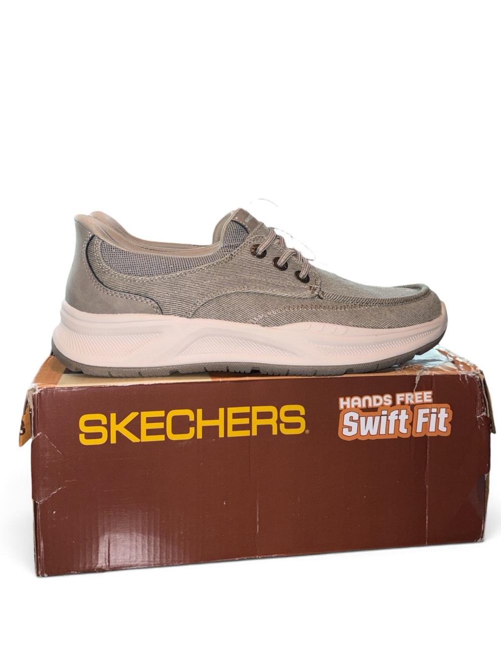 Skechers Menโs Swift Fit Hands Free Memory Foam Shoes Taupe Size 8